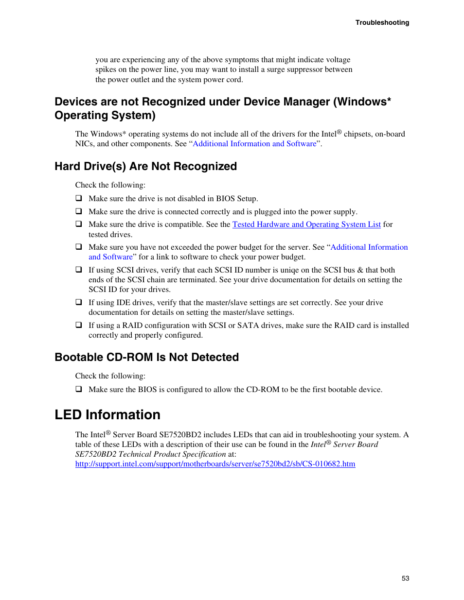 Hard drive(s) are not recognized, Bootable cd-rom is not detected, Led information | For a description | Intel SE7520BD2 User Manual | Page 53 / 64