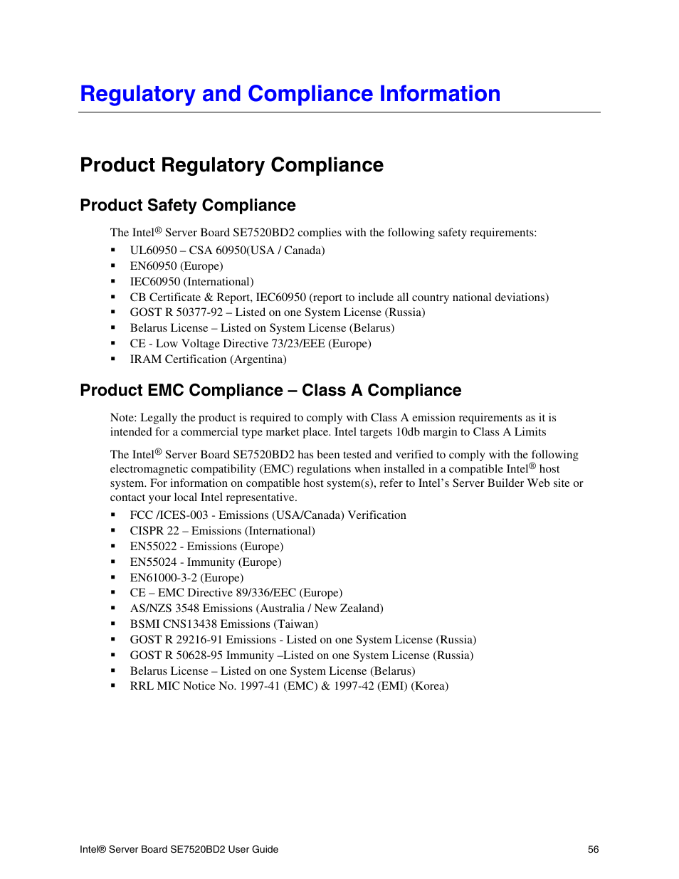 Regulatory and compliance information, Product regulatory compliance, Product safety compliance | Product emc compliance – class a compliance | Intel SE7520BD2 User Manual | Page 56 / 64