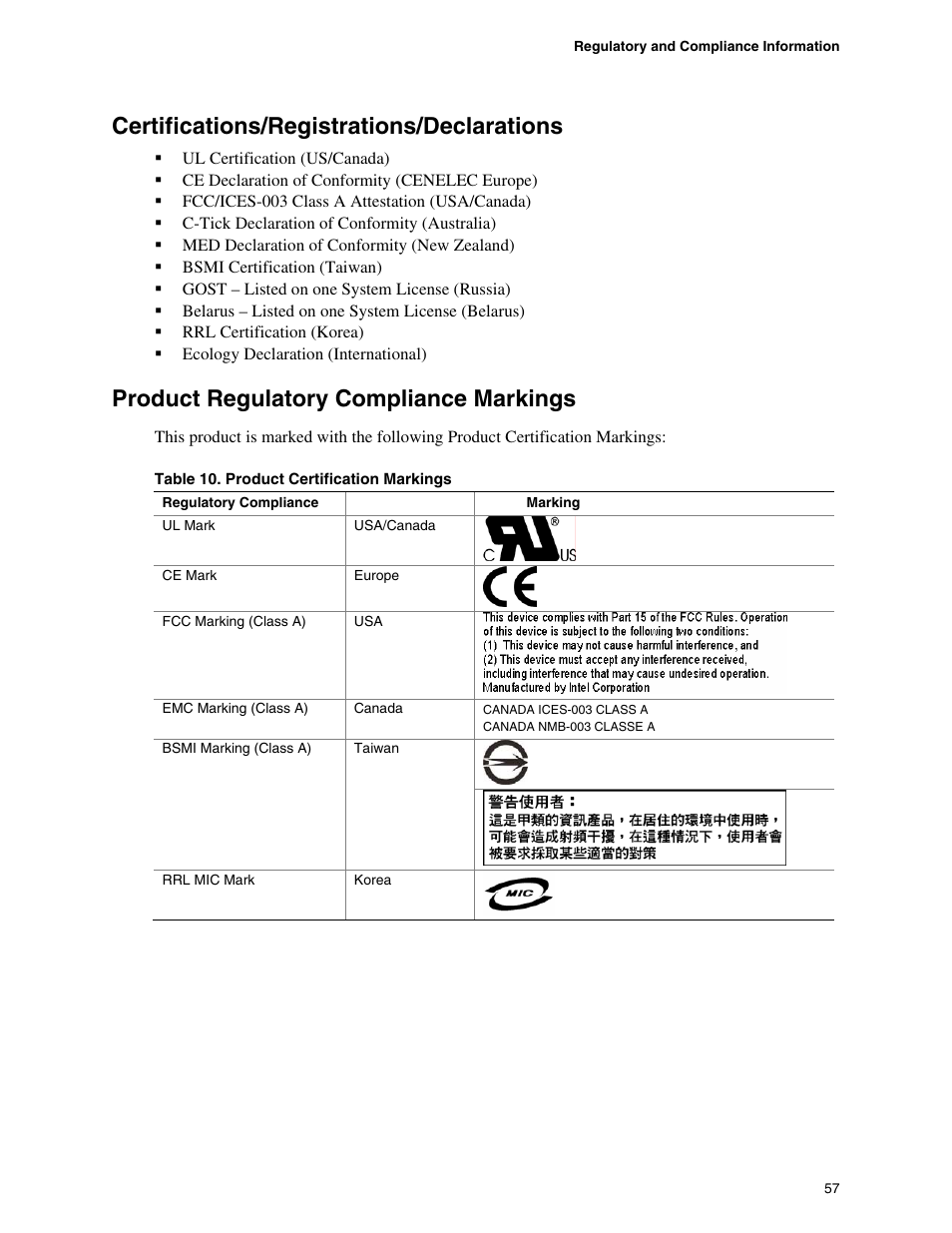 Certifications/registrations/declarations, Product regulatory compliance markings, Table 10. product certification markings | Intel SE7520BD2 User Manual | Page 57 / 64