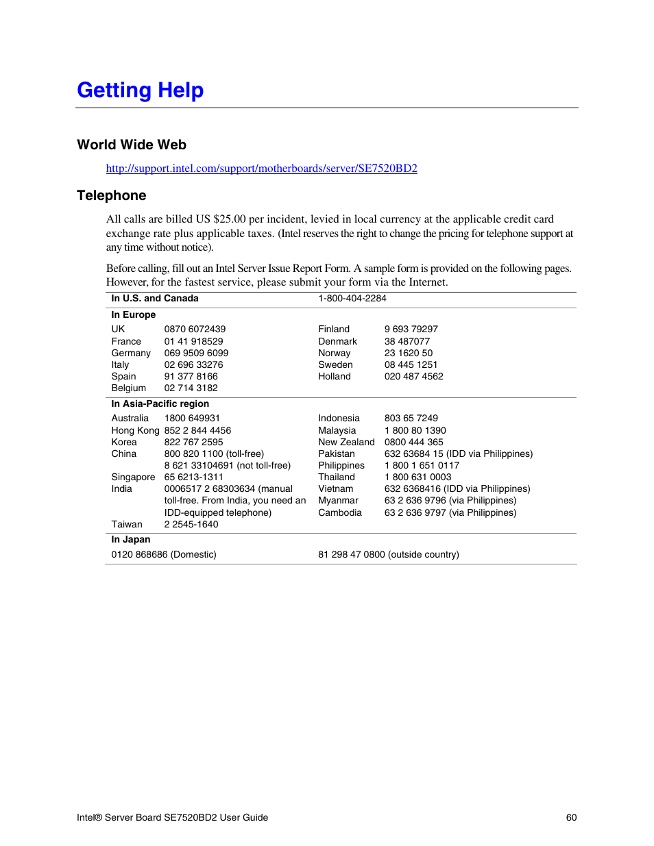 Getting help, World wide web, Telephone | Intel SE7520BD2 User Manual | Page 60 / 64