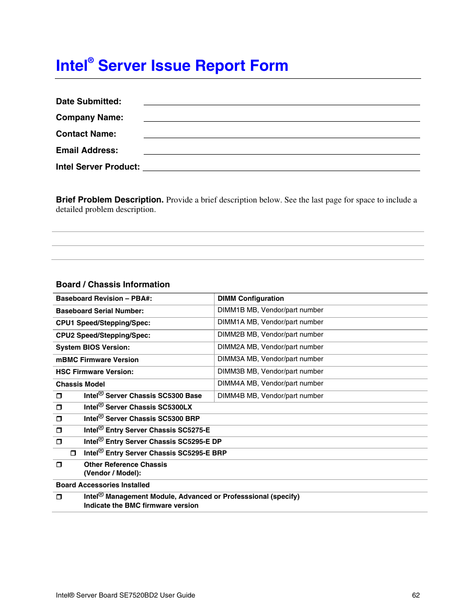 Intel, Server issue report form | Intel SE7520BD2 User Manual | Page 62 / 64