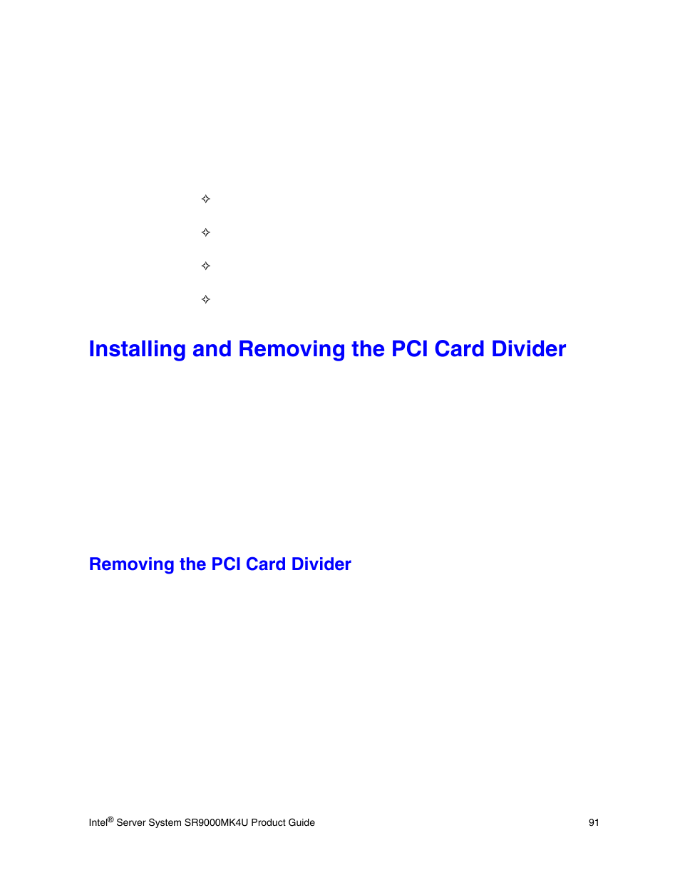 Installing and removing the pci card divider, Removing the pci card divider | Intel SR9000MK4U User Manual | Page 113 / 258