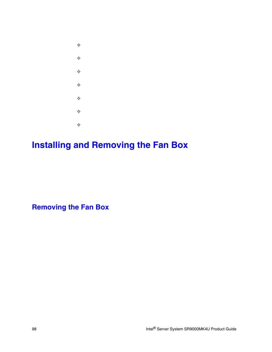 Installing and removing the fan box, Removing the fan box | Intel SR9000MK4U User Manual | Page 120 / 258