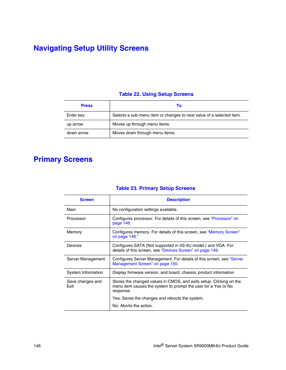 Navigating setup utility screens, Primary screens | Intel SR9000MK4U User Manual | Page 168 / 258