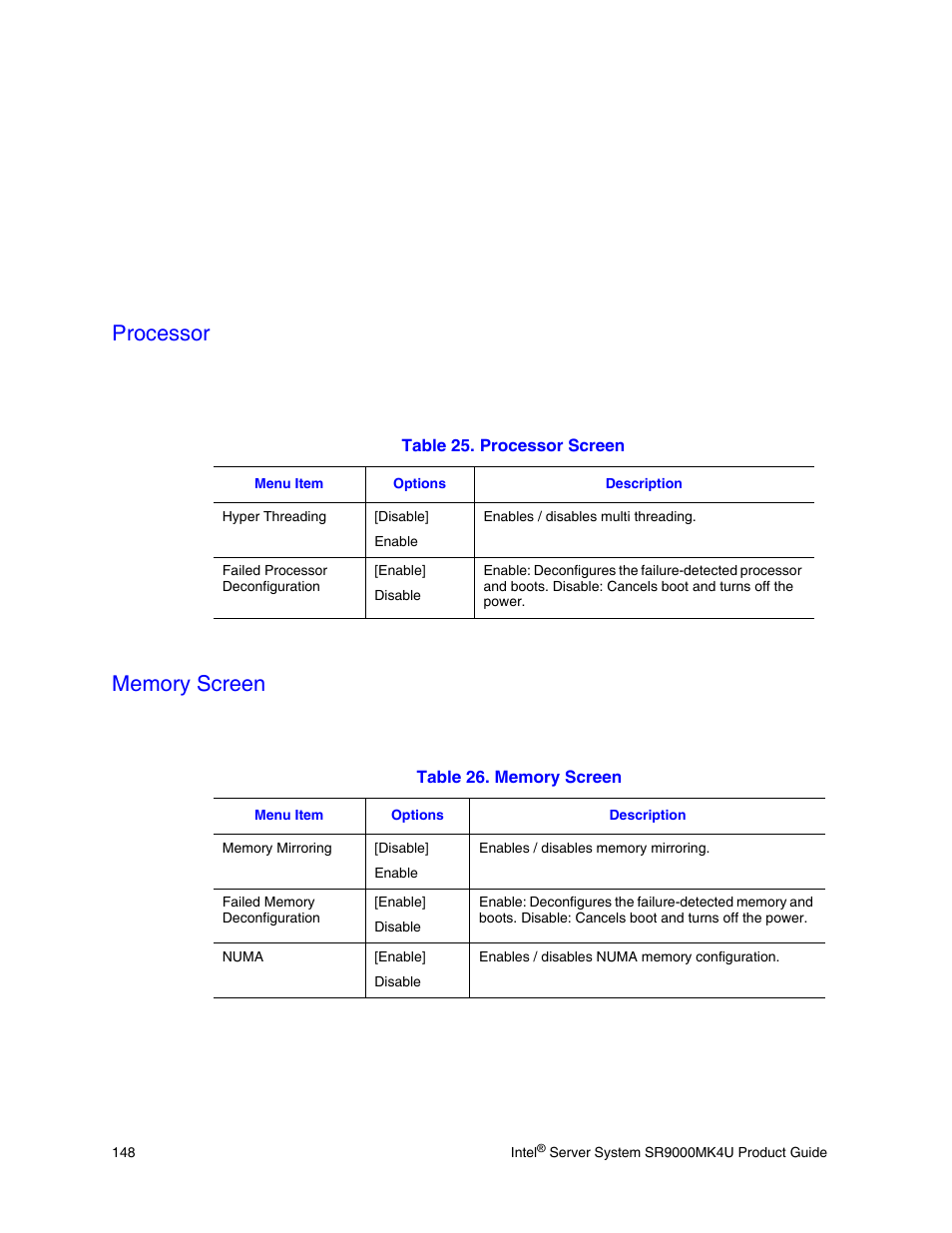 Processor, Memory screen, Table 25. processor screen table 26. memory screen | Memory screen” on, Processor” on | Intel SR9000MK4U User Manual | Page 170 / 258