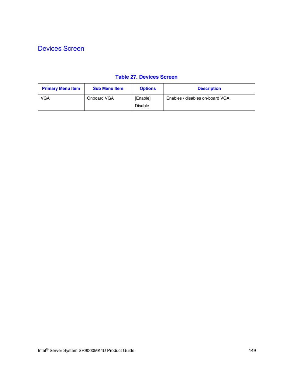 Devices screen, Table 27. devices screen, This screen, see | Intel SR9000MK4U User Manual | Page 171 / 258