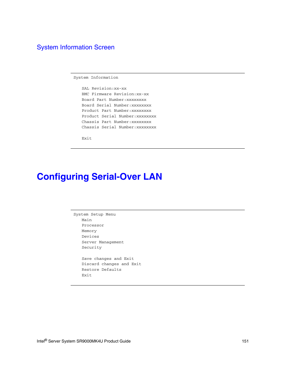 System information screen, Configuring serial-over lan | Intel SR9000MK4U User Manual | Page 173 / 258