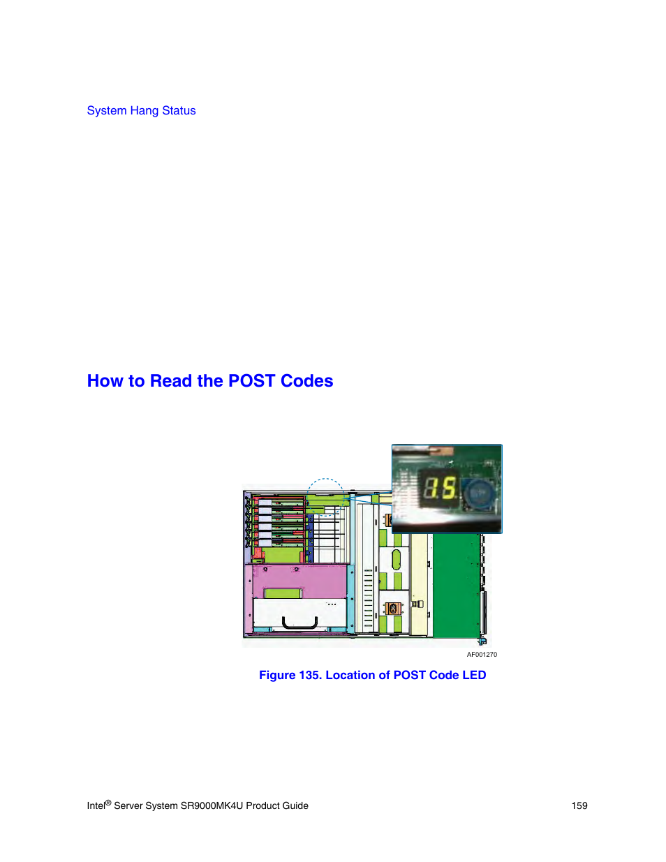 How to read the post codes, Figure 135. location of post code led, How to read | How to read the post codes” on, Ns, see, System, Hang status | Intel SR9000MK4U User Manual | Page 181 / 258