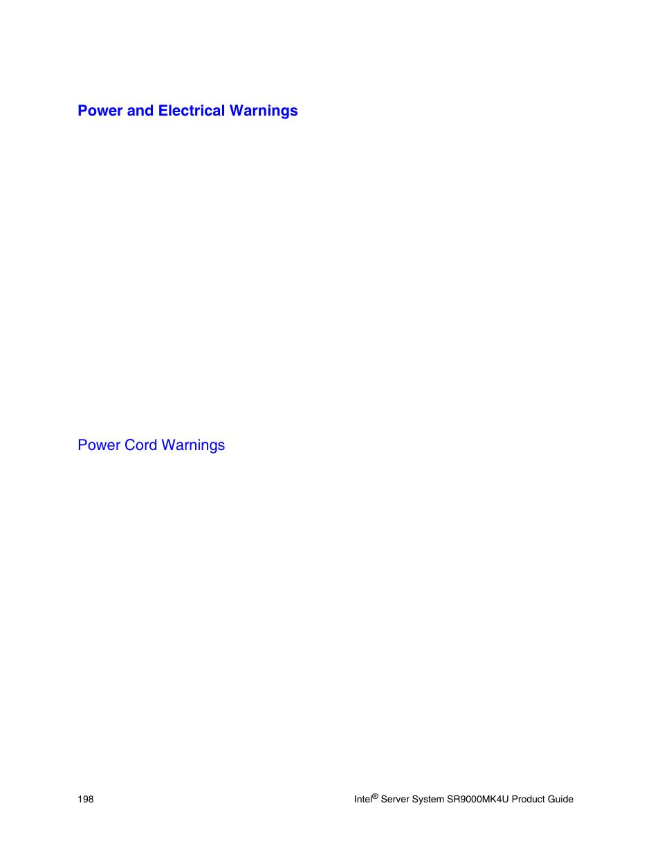 Power and electrical warnings, Power cord warnings | Intel SR9000MK4U User Manual | Page 220 / 258