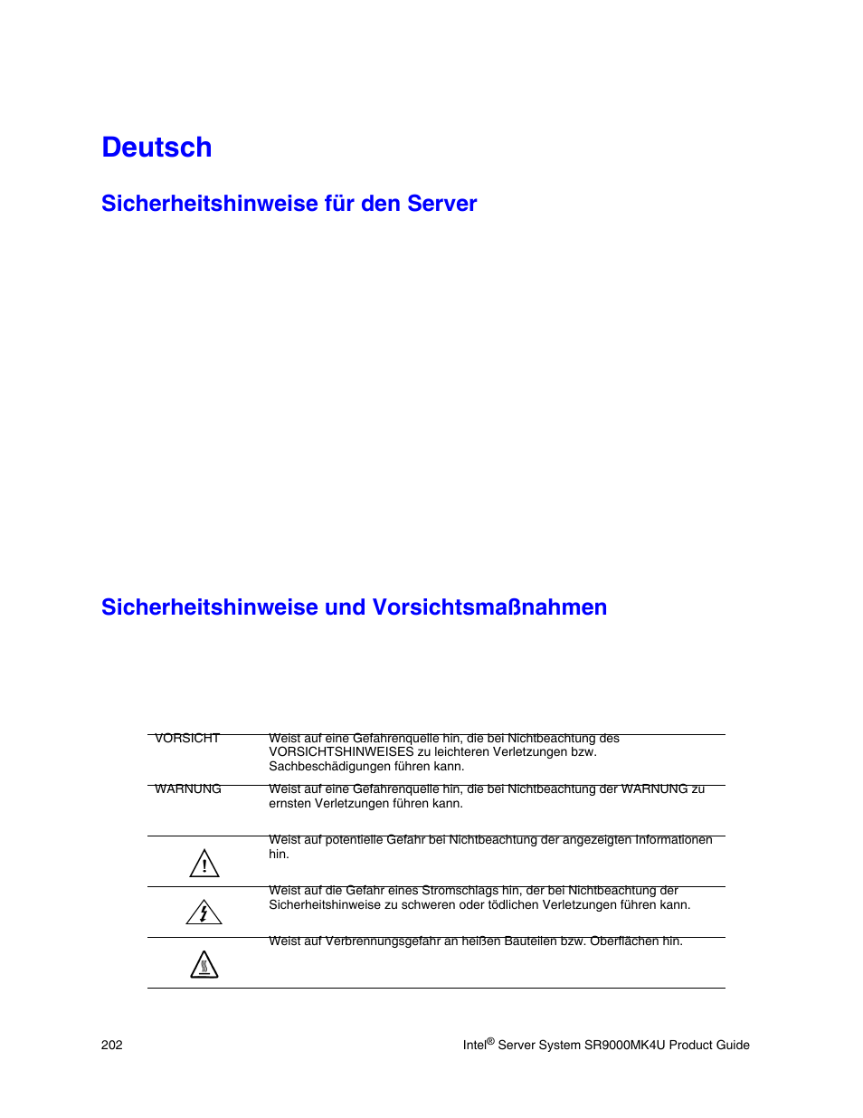 Deutsch, Sicherheitshinweise für den server, Sicherheitshinweise und vorsichtsmaßnahmen | Intel SR9000MK4U User Manual | Page 224 / 258