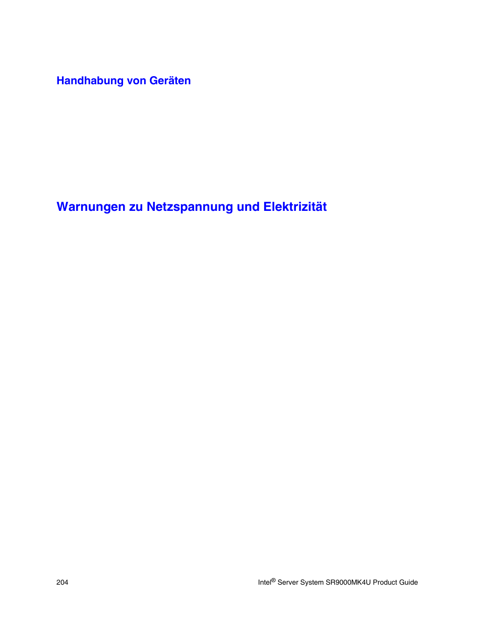 Handhabung von geräten, Warnungen zu netzspannung und elektrizität | Intel SR9000MK4U User Manual | Page 226 / 258