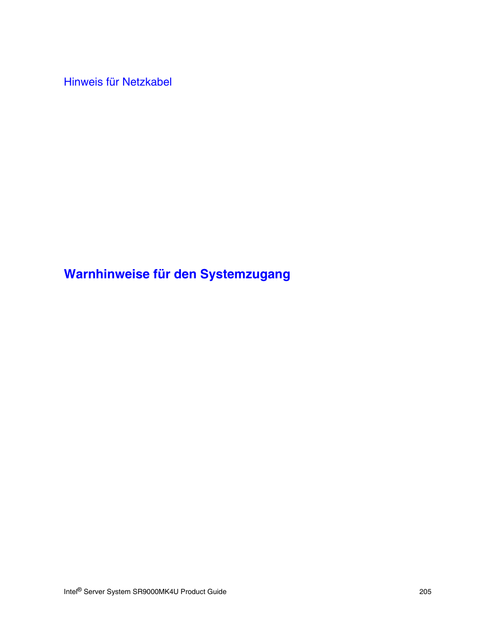 Hinweis für netzkabel, Warnhinweise für den systemzugang | Intel SR9000MK4U User Manual | Page 227 / 258