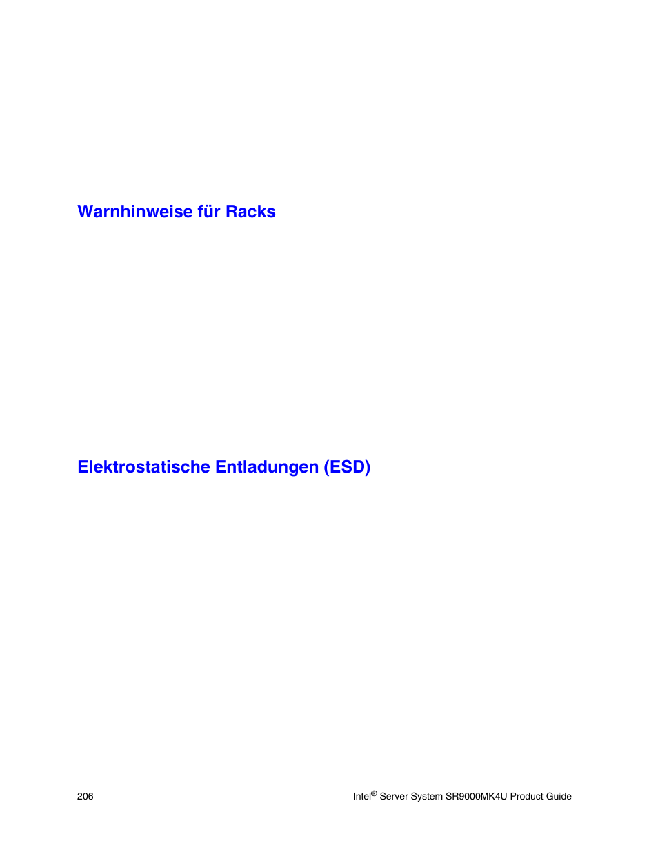 Warnhinweise für racks, Elektrostatische entladungen (esd) | Intel SR9000MK4U User Manual | Page 228 / 258