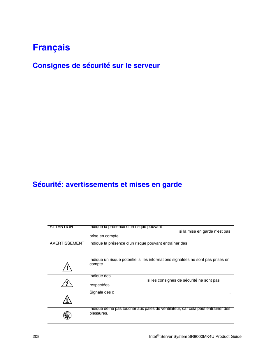 Français, Consignes de sécurité sur le serveur, Sécurité: avertissements et mises en garde | Intel SR9000MK4U User Manual | Page 230 / 258