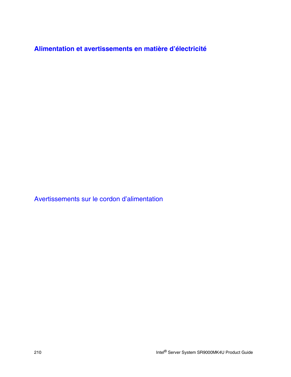 Avertissements sur le cordon d’alimentation | Intel SR9000MK4U User Manual | Page 232 / 258