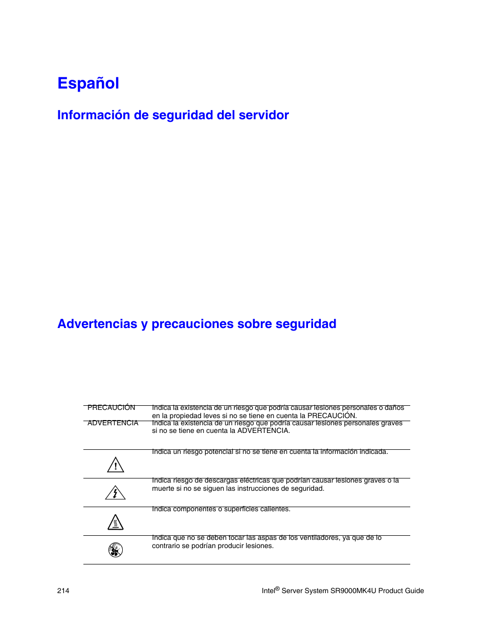 Español, Información de seguridad del servidor, Advertencias y precauciones sobre seguridad | Intel SR9000MK4U User Manual | Page 236 / 258