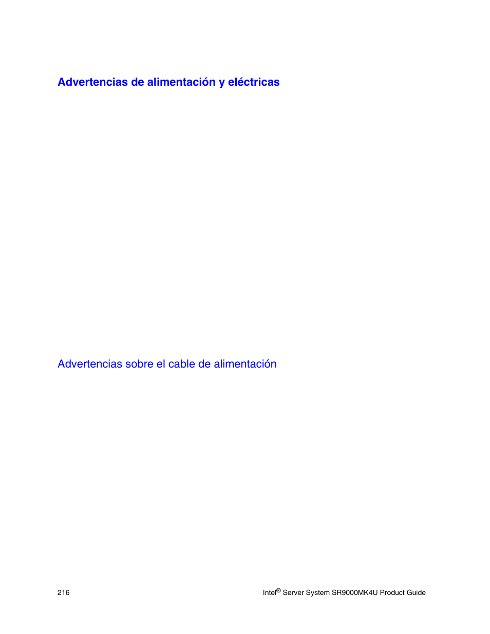 Advertencias de alimentación y eléctricas, Advertencias sobre el cable de alimentación | Intel SR9000MK4U User Manual | Page 238 / 258