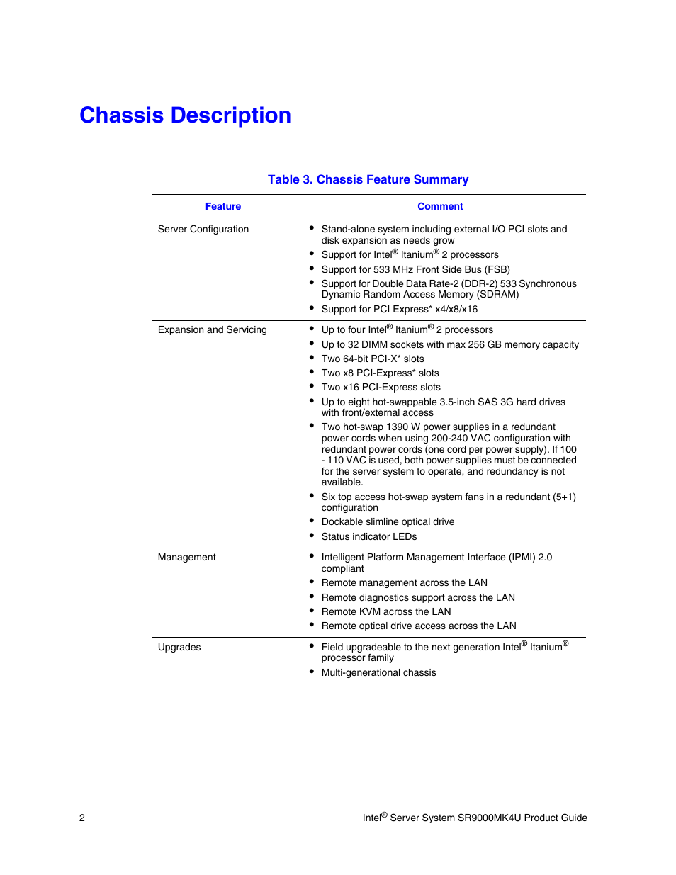 Chassis description, Table 3. chassis feature summary | Intel SR9000MK4U User Manual | Page 24 / 258