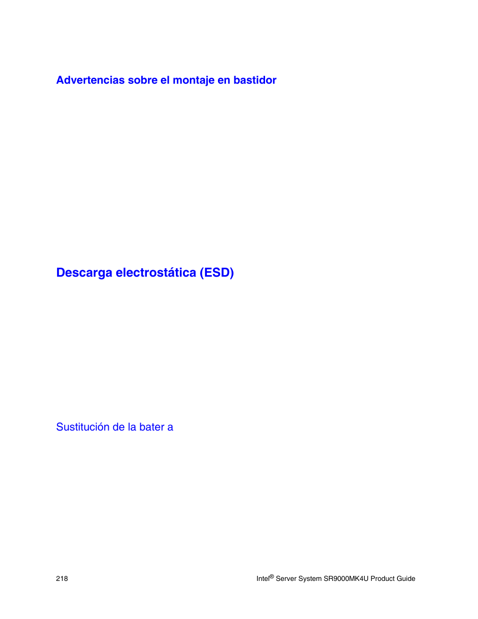 Advertencias sobre el montaje en bastidor, Descarga electrostática (esd), Sustitución de la batería | Intel SR9000MK4U User Manual | Page 240 / 258