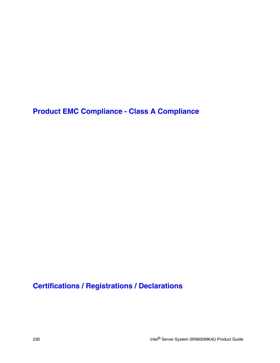 Product emc compliance - class a compliance, Certifications / registrations / declarations | Intel SR9000MK4U User Manual | Page 252 / 258