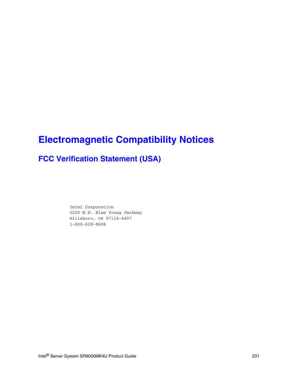 Electromagnetic compatibility notices, Fcc verification statement (usa) | Intel SR9000MK4U User Manual | Page 253 / 258