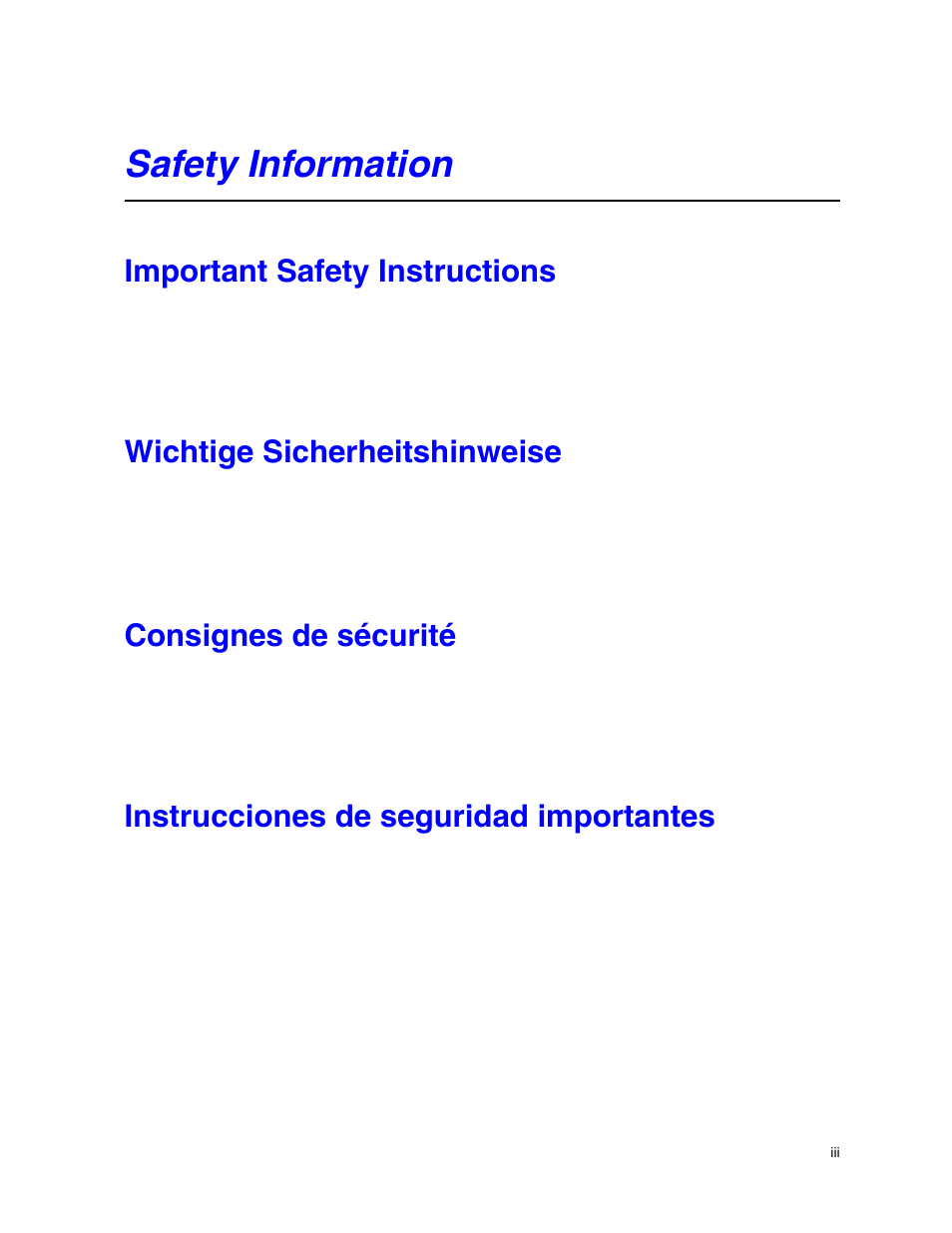 Safety information, Important safety instructions, Wichtige sicherheitshinweise | Consignes de sécurité, Instrucciones de seguridad importantes | Intel SR9000MK4U User Manual | Page 3 / 258