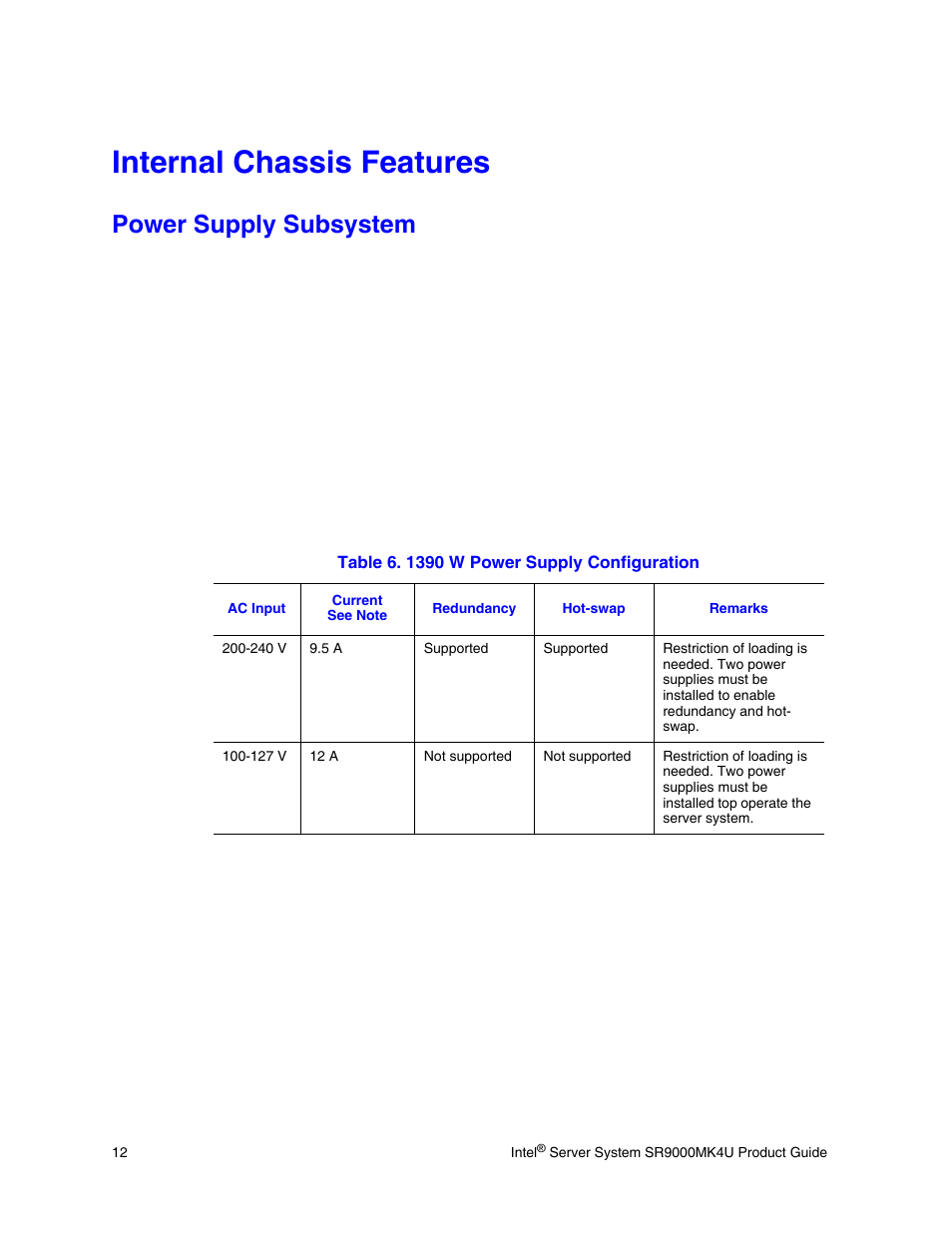 Internal chassis features, Power supply subsystem, Table 6. 1390 w power supply configuration | Intel SR9000MK4U User Manual | Page 34 / 258