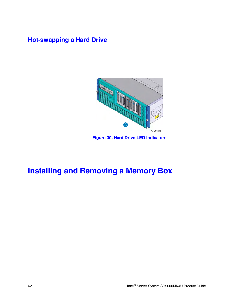 Hot-swapping a hard drive, Installing and removing a memory box, Figure 30. hard drive led indicators | Intel SR9000MK4U User Manual | Page 64 / 258