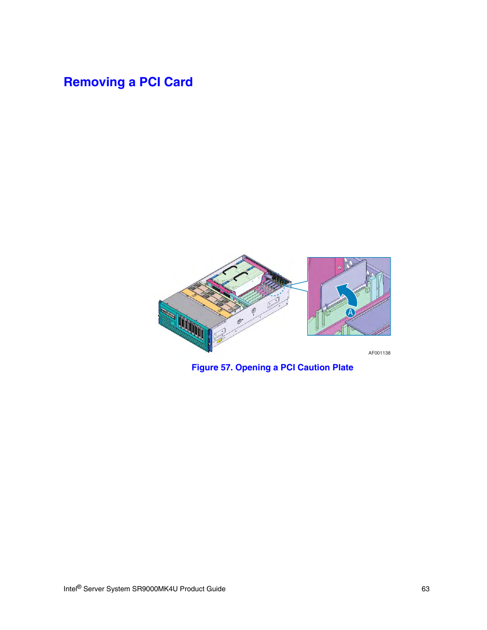 Removing a pci card, Figure 57. opening a pci caution plate | Intel SR9000MK4U User Manual | Page 85 / 258