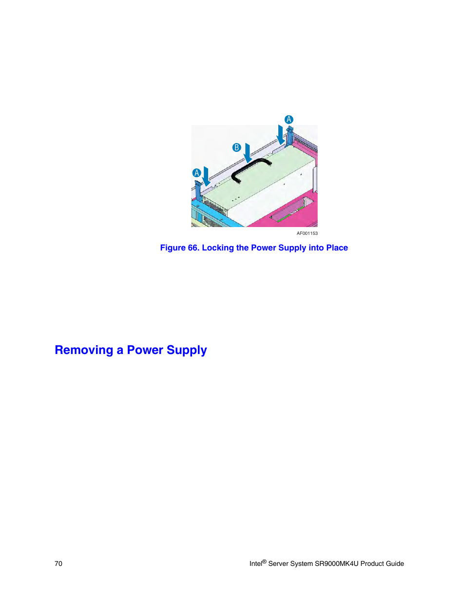 Removing a power supply, Figure 66. locking the power supply into place | Intel SR9000MK4U User Manual | Page 92 / 258