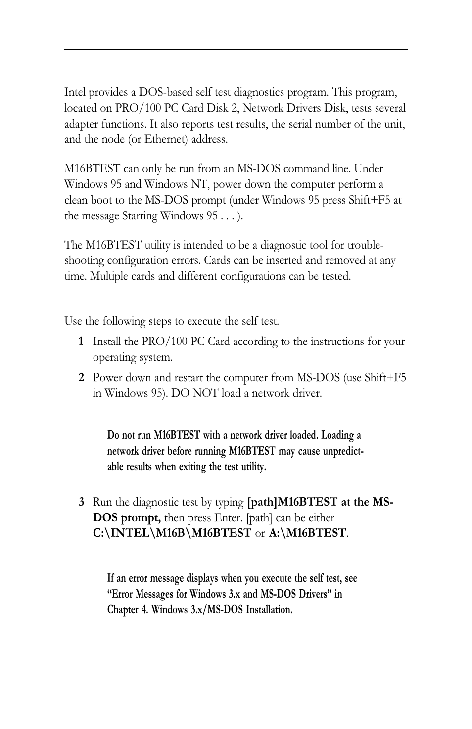 Diagnostic test utility (m16btest.exe) | Intel LAN+Modem56 PC Card PRO/100 User Manual | Page 107 / 178