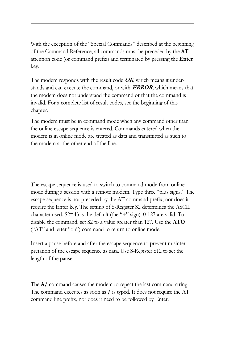 At command reference, Special commands +++ online escape sequence, A/ repeat last command | Intel LAN+Modem56 PC Card PRO/100 User Manual | Page 128 / 178