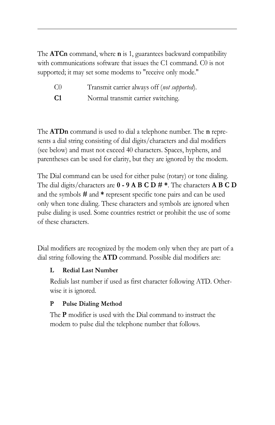 Cn carrier control, Dn dial a telephone number | Intel LAN+Modem56 PC Card PRO/100 User Manual | Page 130 / 178