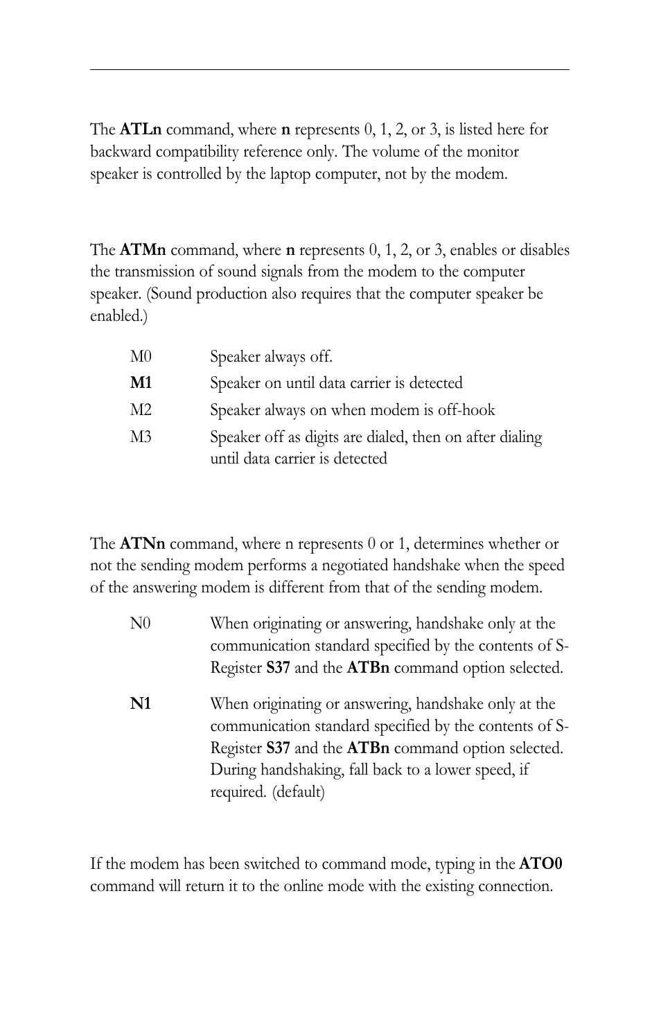 Ln monitor speaker volume, Mn speaker on/off selection, Nn negotiation of handshaking options | On online command | Intel LAN+Modem56 PC Card PRO/100 User Manual | Page 134 / 178