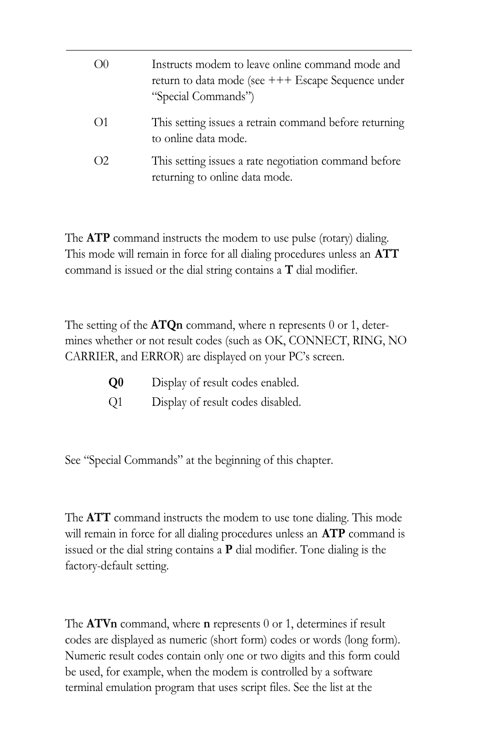 Pselect pulse dialing, Qn result code display options, Repeat command | Tselect tone dialing, Vn result code format options | Intel LAN+Modem56 PC Card PRO/100 User Manual | Page 135 / 178