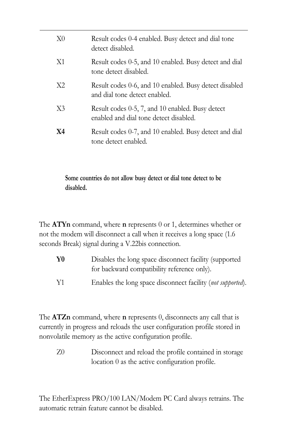 Yn long space disconnect option, Zn recall stored profile, Bn v.32 automatic retrain options | Intel LAN+Modem56 PC Card PRO/100 User Manual | Page 137 / 178