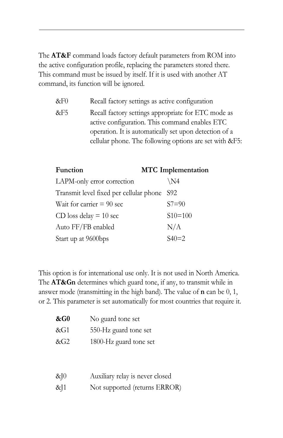 Fn load factory settings, Gn v.22bis guard tone selection, Jn auxiliary relay option | Intel LAN+Modem56 PC Card PRO/100 User Manual | Page 139 / 178