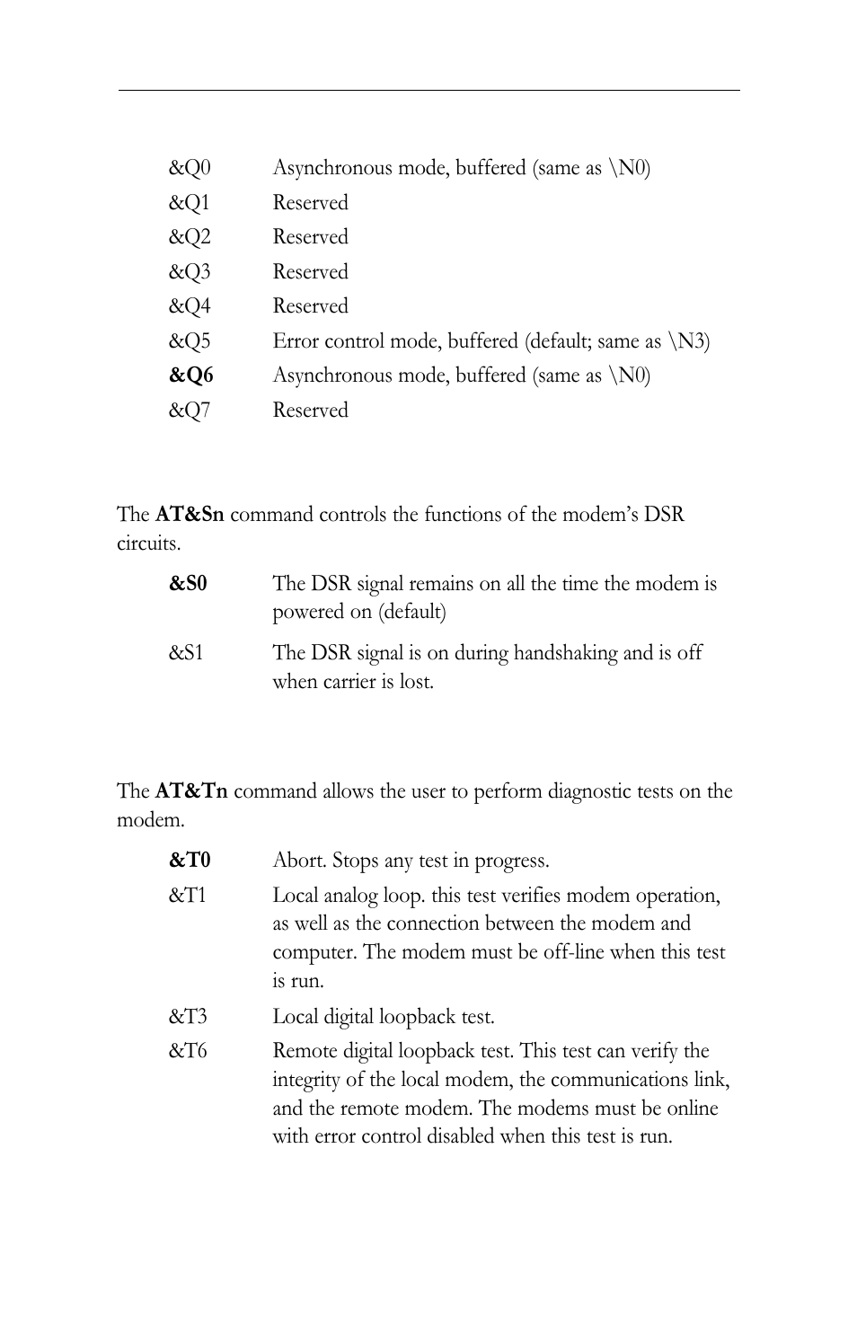 Qn asynchronous communications mode, Sn data set ready (dsr) options, Tn self-test commands | Intel LAN+Modem56 PC Card PRO/100 User Manual | Page 141 / 178