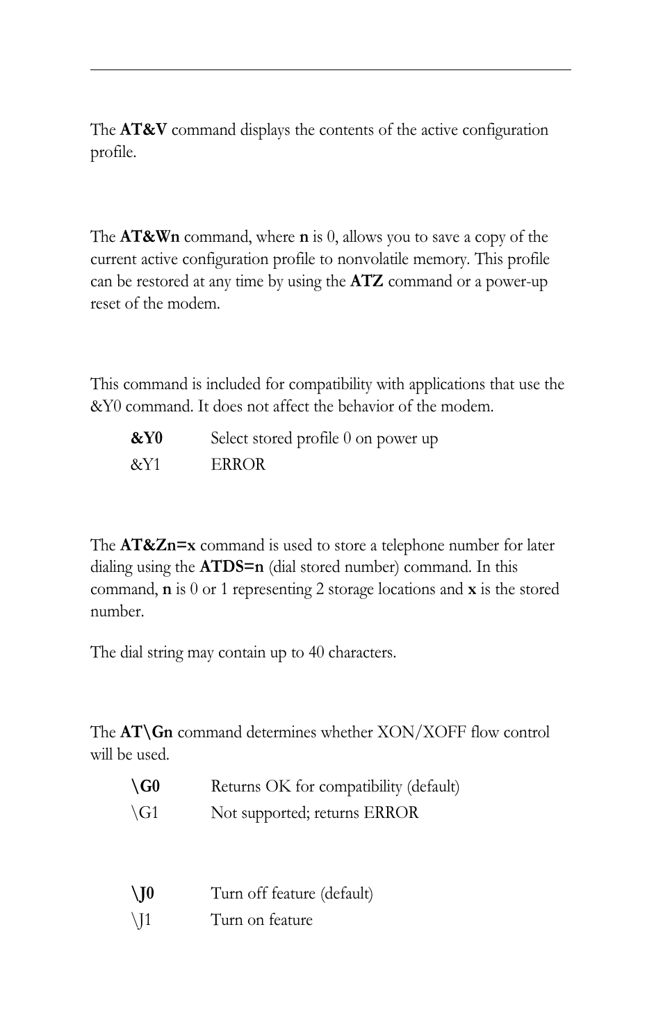 V view configuration profile, Yn select stored profile for hard reset, Zn=x store telephone number | Gn modem port flow control, Jn adjust bps rate control | Intel LAN+Modem56 PC Card PRO/100 User Manual | Page 142 / 178