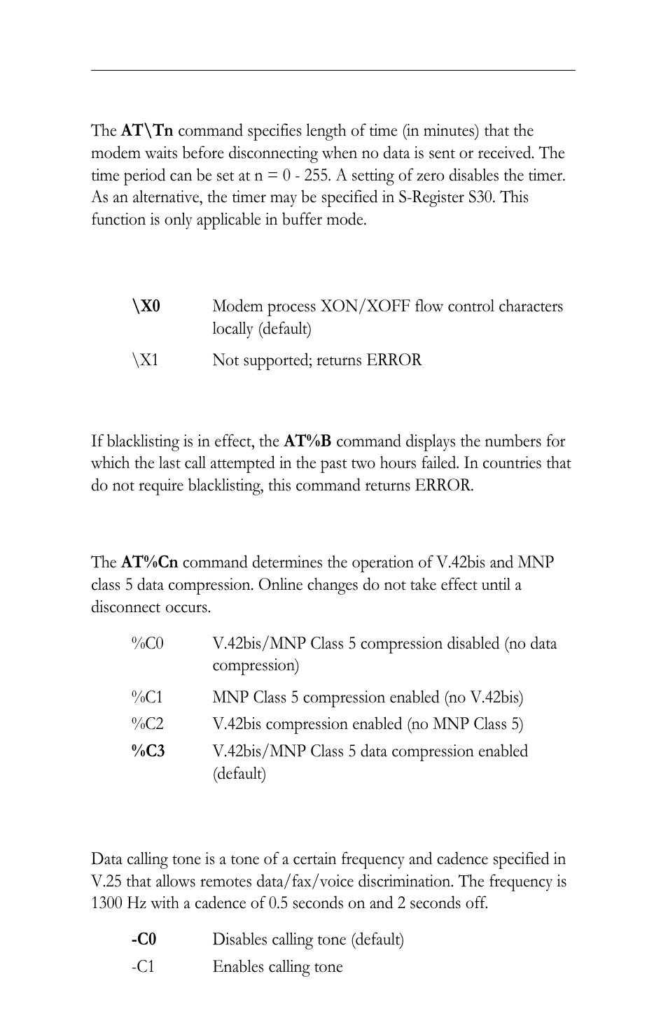 Tn inactivity timer limit, Xn xon/xoff pass through, B view numbers in blacklist | Cn data compression control, Cn data calling tone | Intel LAN+Modem56 PC Card PRO/100 User Manual | Page 144 / 178