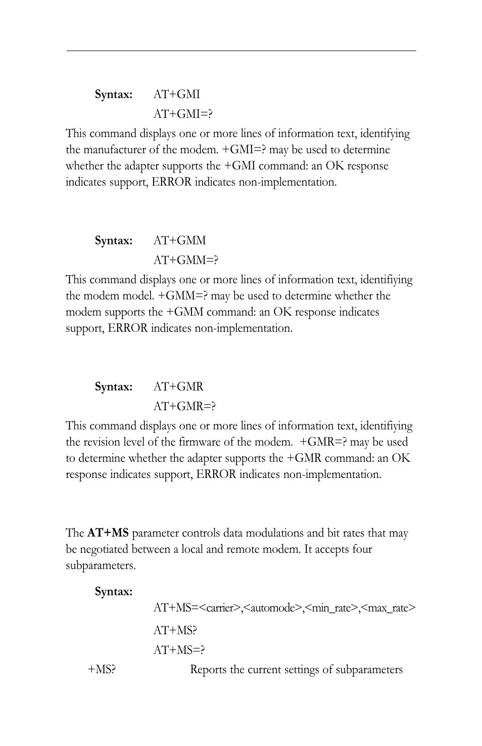 Gmi request manufacturer identification, Gmm request model identification, Gmr request revision identification | Ms modulation selection | Intel LAN+Modem56 PC Card PRO/100 User Manual | Page 147 / 178