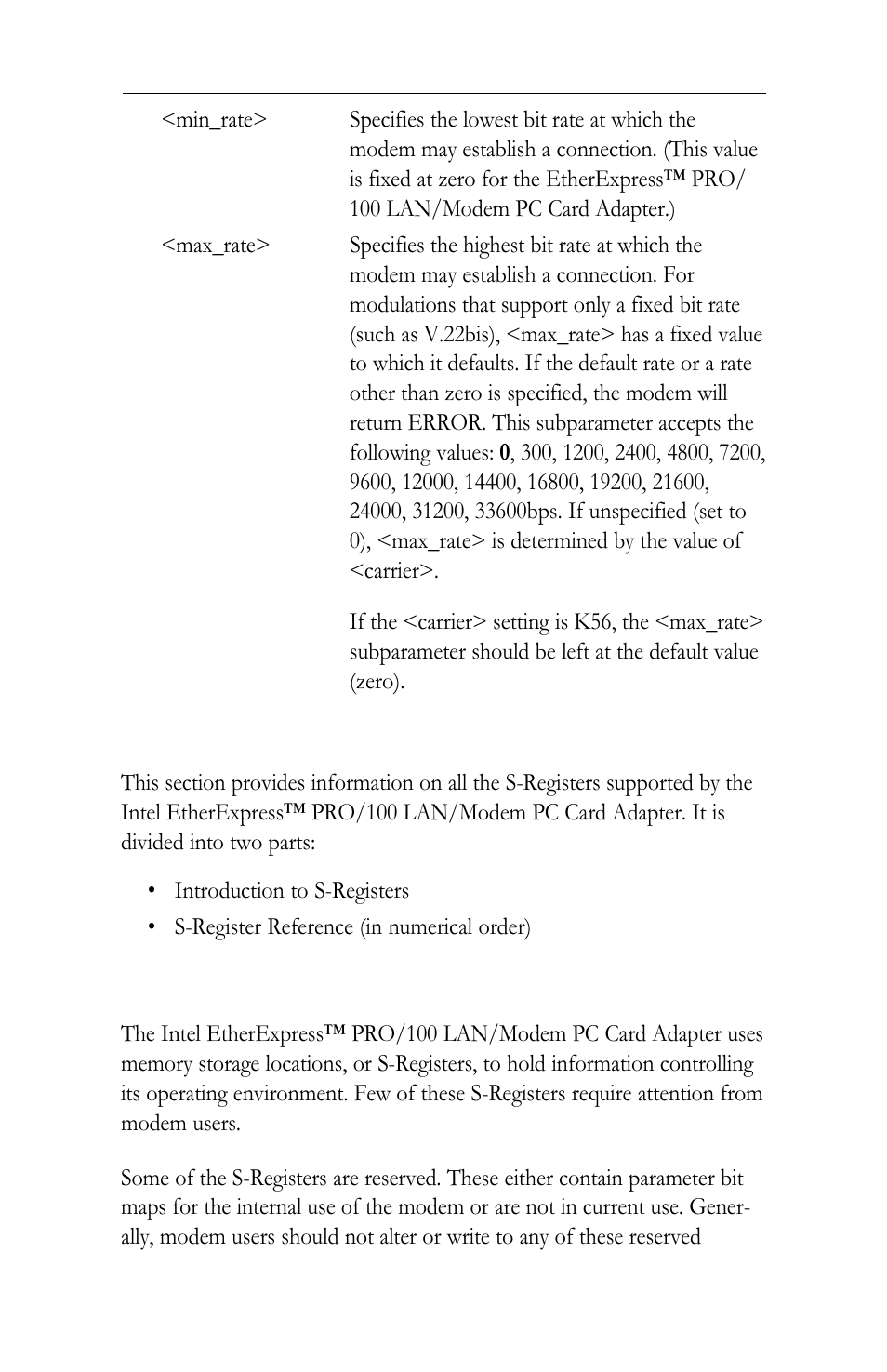 S-register reference, Introduction to s-registers | Intel LAN+Modem56 PC Card PRO/100 User Manual | Page 149 / 178