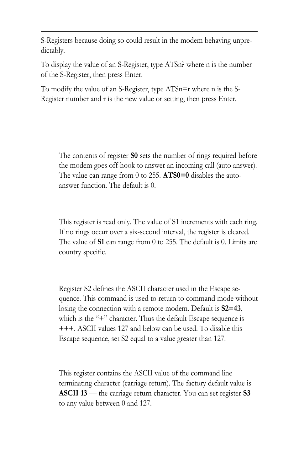 S-register reference s0 ring to answer after, S1 ring counter, S2 at escape character | S3 command line termination character | Intel LAN+Modem56 PC Card PRO/100 User Manual | Page 150 / 178