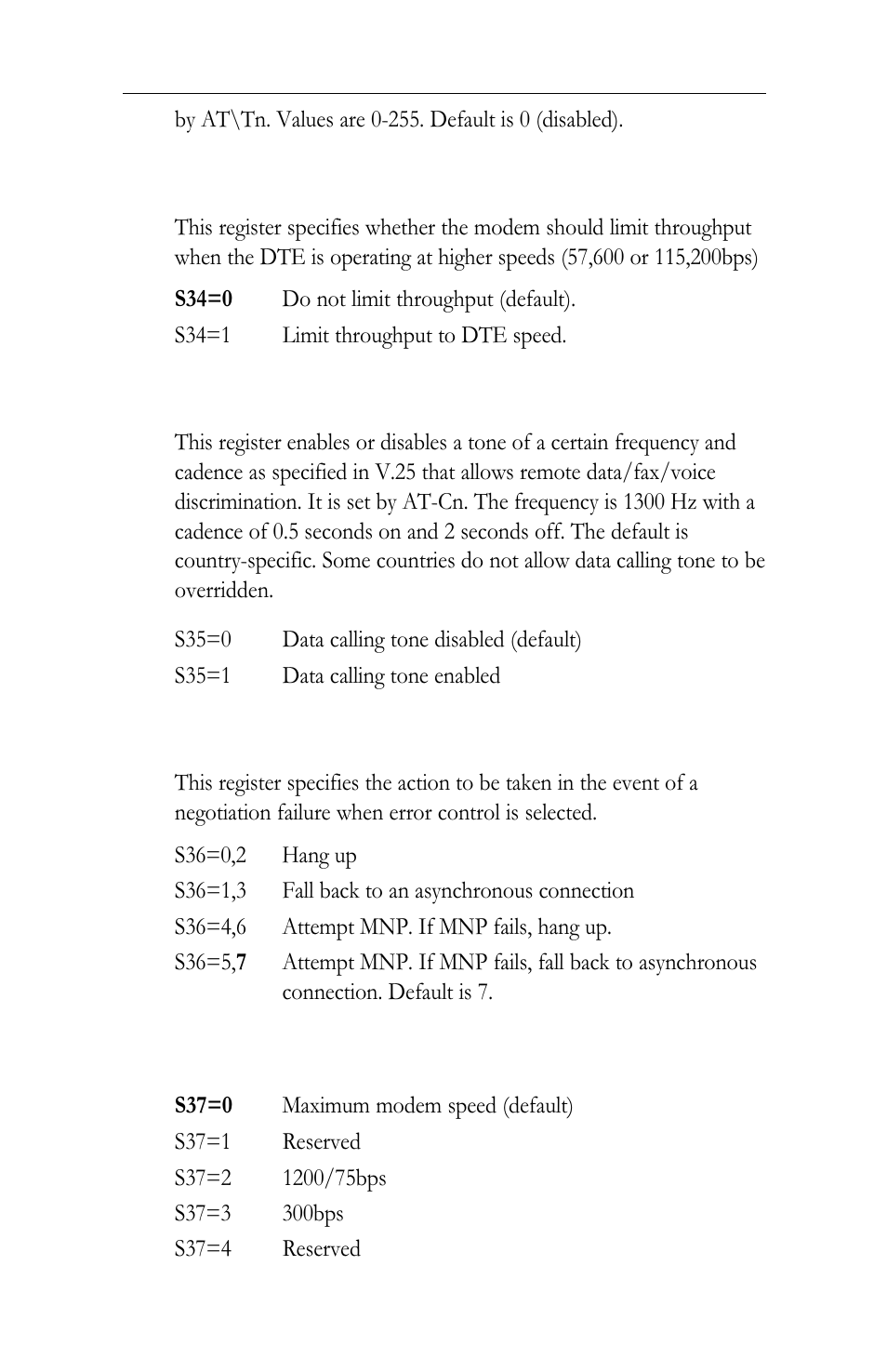 S34 dte throughput limit, S35 data calling tone, S36 negotiation fallback | S37 dial line rate | Intel LAN+Modem56 PC Card PRO/100 User Manual | Page 153 / 178