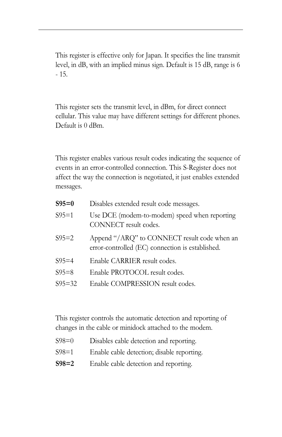 S91 line transmit level, S92 direct connect transmit level, S95 negotiation message options | S98 cable detection options | Intel LAN+Modem56 PC Card PRO/100 User Manual | Page 156 / 178