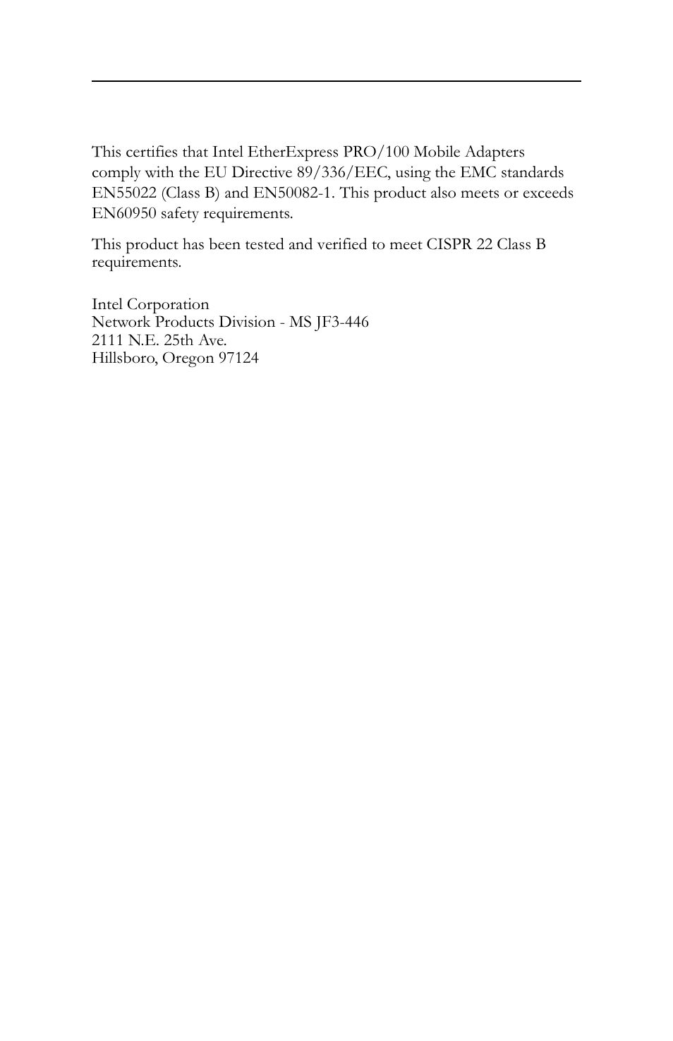 Manufacturer declaration | Intel LAN+Modem56 PC Card PRO/100 User Manual | Page 166 / 178