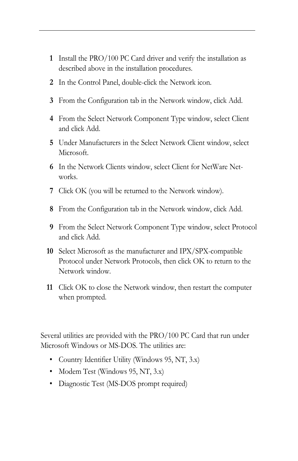 How to install for windows 95 and netware, Utilities | Intel LAN+Modem56 PC Card PRO/100 User Manual | Page 20 / 178