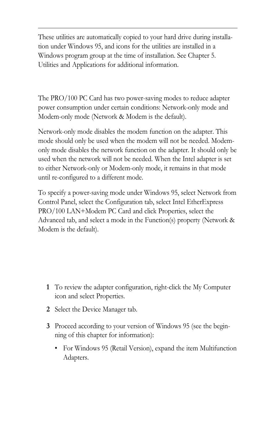 Power-saving modes, Windows 95 troubleshooting | Intel LAN+Modem56 PC Card PRO/100 User Manual | Page 21 / 178