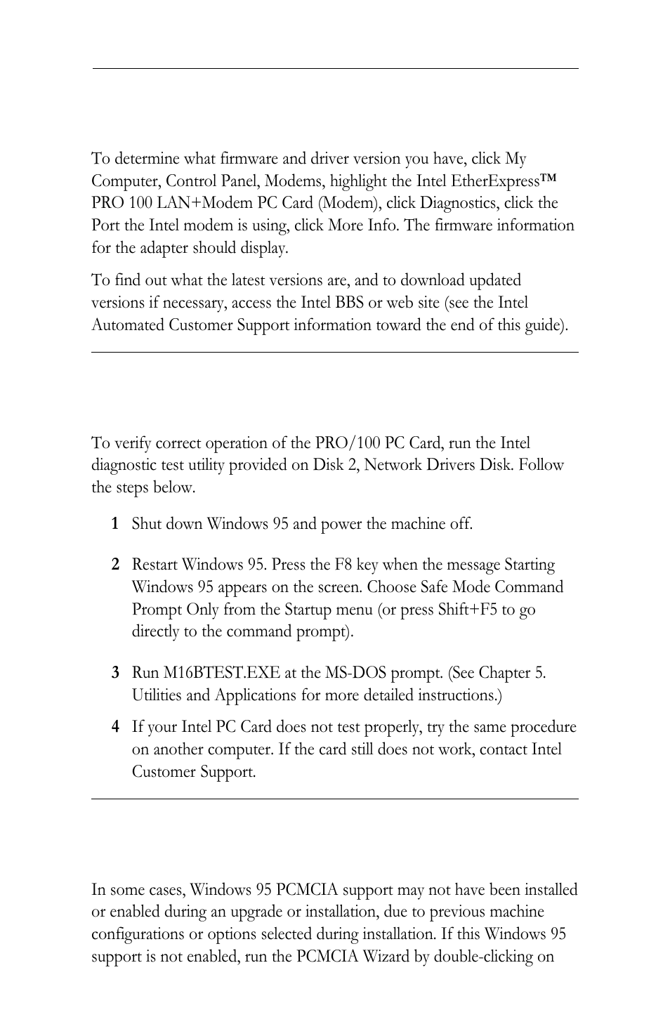 1 be sure you have the latest firmware and driver, 2 run the intel diagnostic utility m16btest | Intel LAN+Modem56 PC Card PRO/100 User Manual | Page 23 / 178