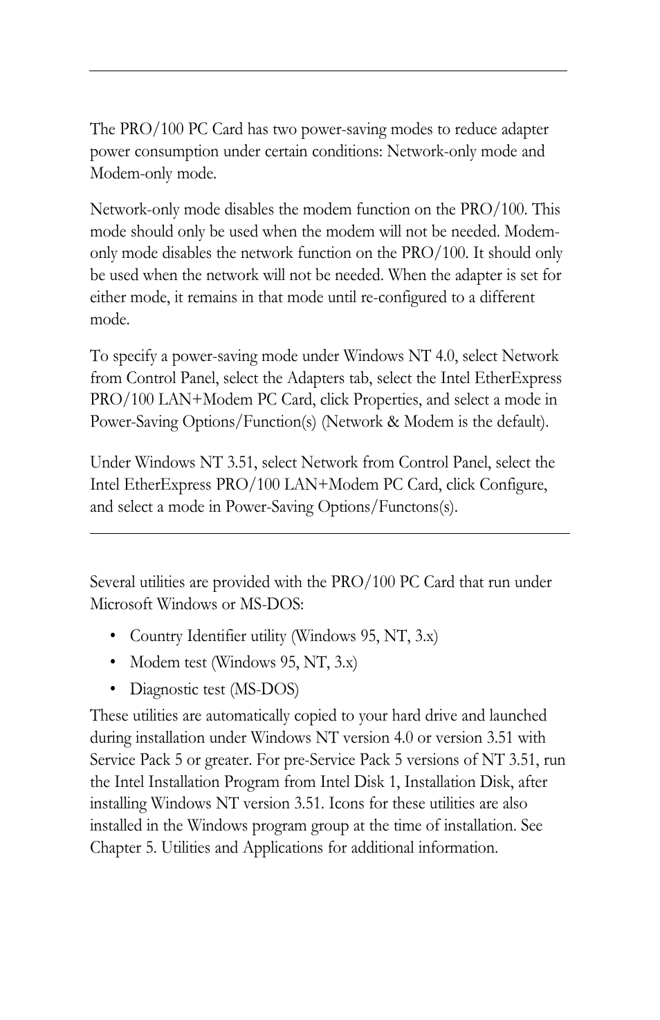 Communications application notes and modem, Power-saving modes, Utilities | Intel LAN+Modem56 PC Card PRO/100 User Manual | Page 35 / 178